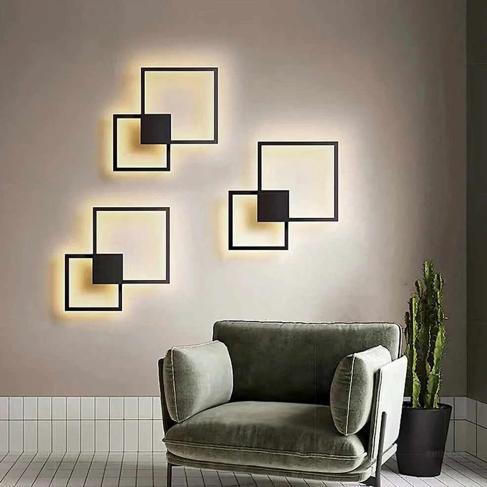 Square 35.3cm geometric LED wall light in white, iron frame with acrylic diffuser, 20W-24W output