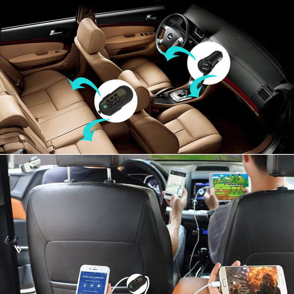 Black and white car rear seat charger with USB output, 12-24V input, and ABS PC body