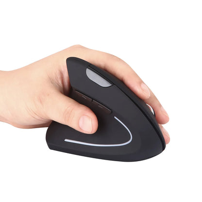 Black left hand vertical wireless mouse with DPI button, thumb buttons, 108g, 4.92 x 2.56 x 3.23 inches