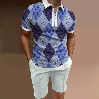 Men's casual printed two-piece set with short sleeve top and matching shorts