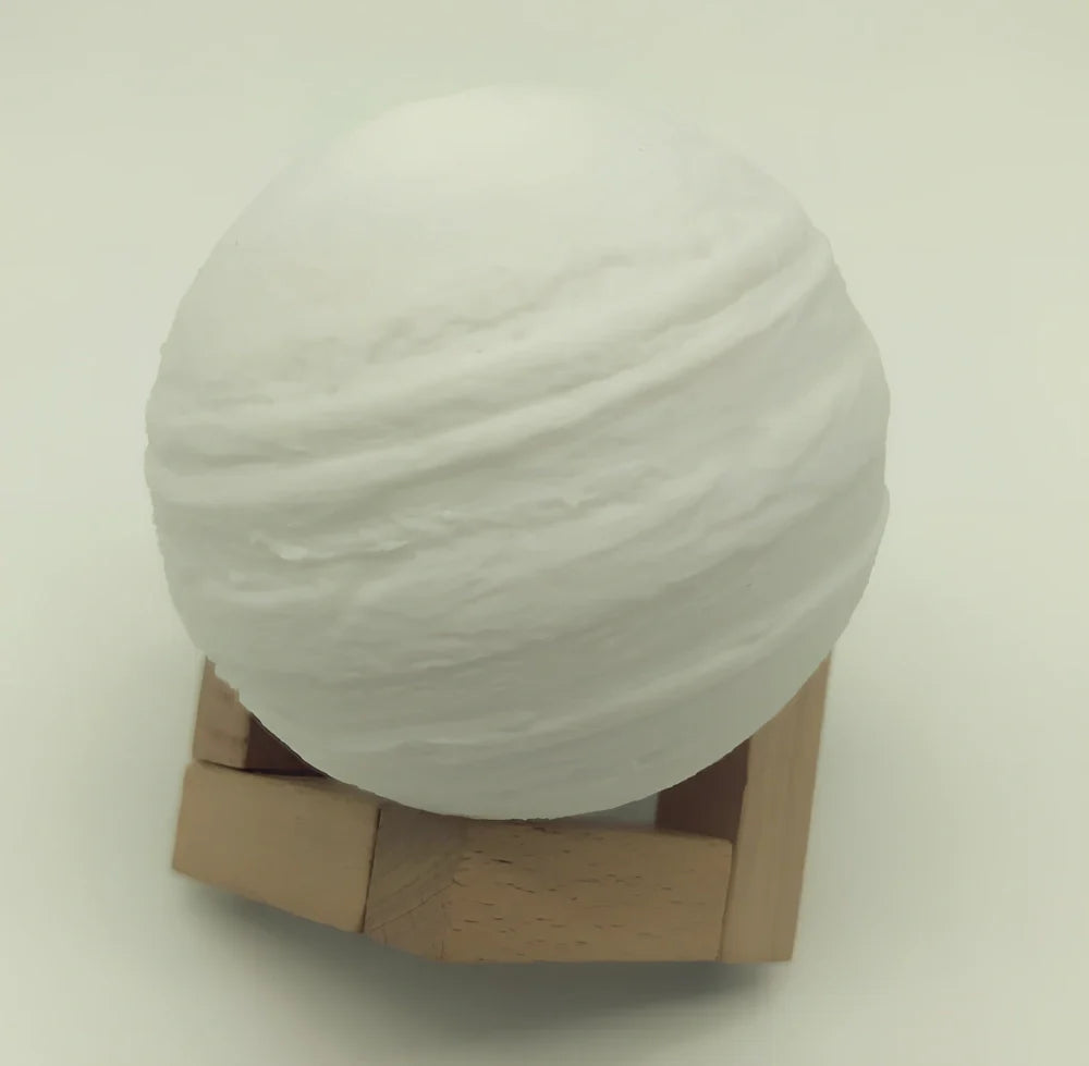 3D printed Earth and Jupiter lamps with touch control and solid wood bases in various sizes from 8cm to 22cm