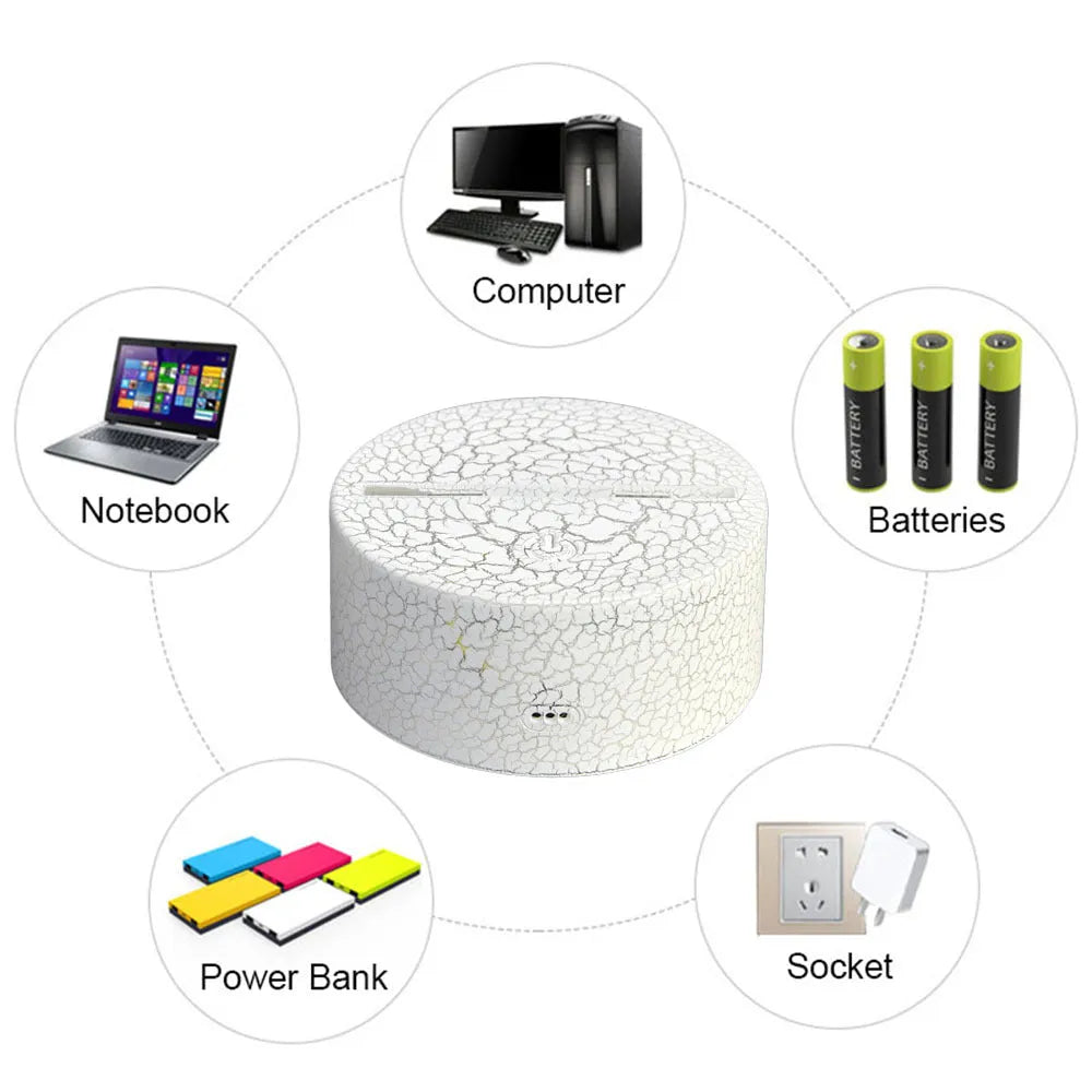 Sports 3D night light with acrylic shade, touch switch, LED light source, and 7 colour options in Black, Crack, or White.