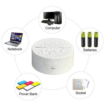 Sports 3D night light with acrylic shade, touch switch, LED light source, and 7 colour options in Black, Crack, or White.