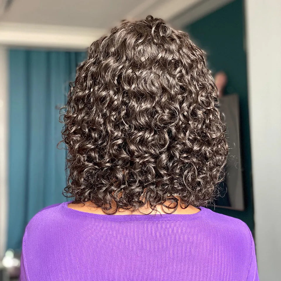 Deep curly black human hair wig with even and oblique bangs, 12 inch full head style