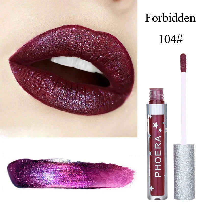 Glitter Liquid Lipstick in various shimmering colors, featuring a moisturizing and long-lasting formula