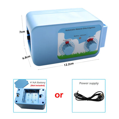 Blue plastic garden irrigation controller with smart timing for automated watering systems