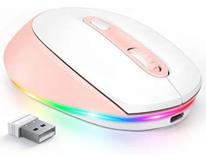 Wireless ergonomic mouse in multiple colours showing compact design with USB charging cable