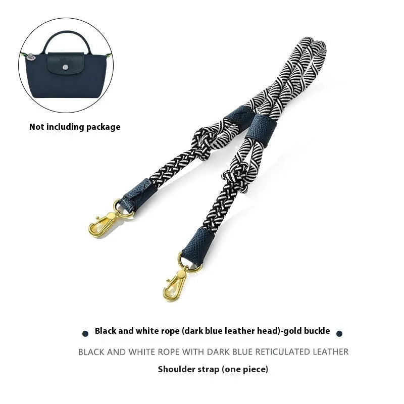 Braided rope shoulder strap with alloy hardware in silver or gold finish options