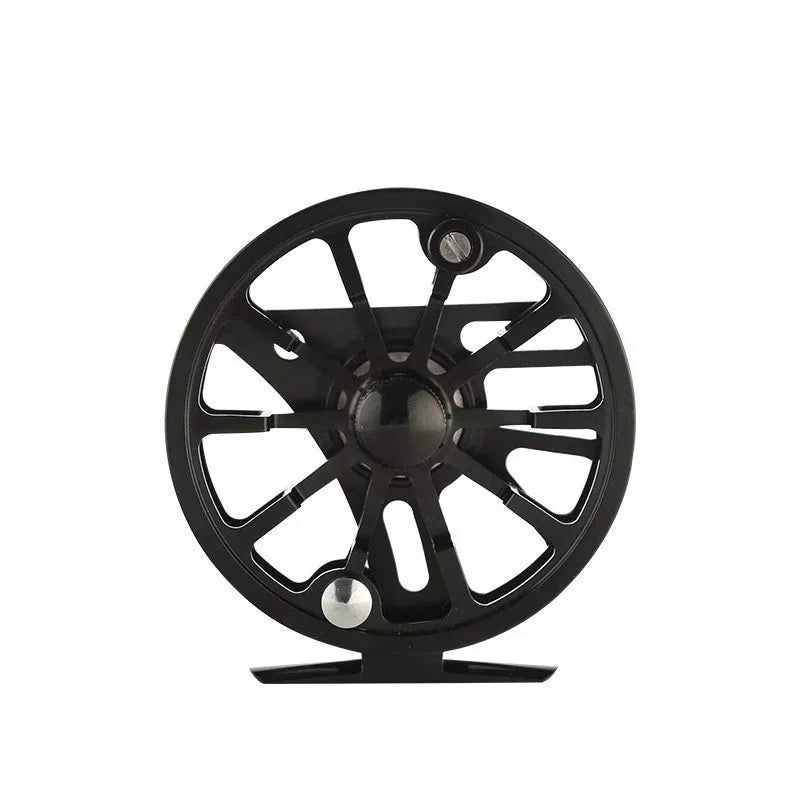 Fly fishing wheel with aluminum coil in blue, black, or green for precision casting