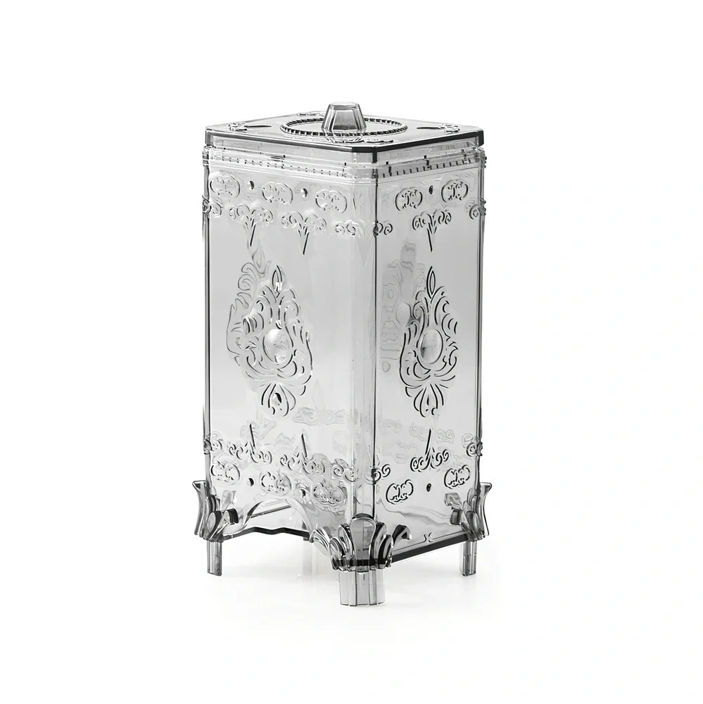 Pink cosmetics storage box with covered lid showing 45-litre capacity for makeup organisation