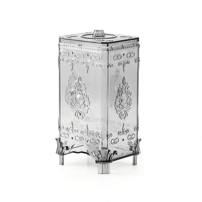 Pink cosmetics storage box with covered lid showing 45-litre capacity for makeup organisation