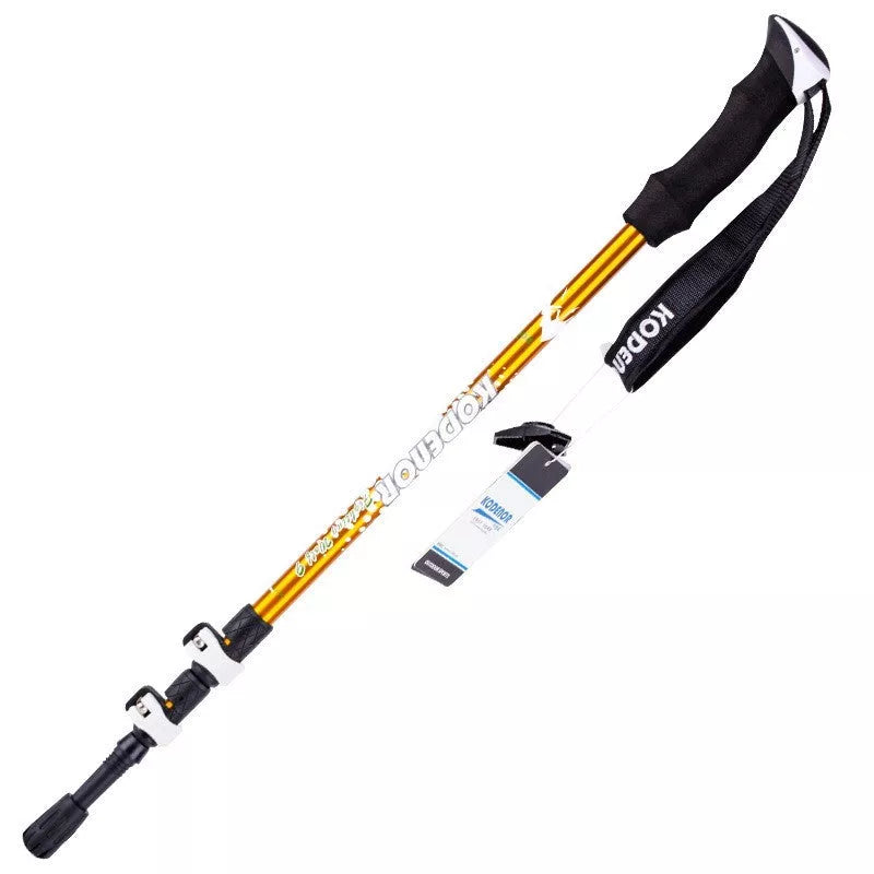 Adjustable aluminum alloy trekking pole in blue, green, or gold for hiking support