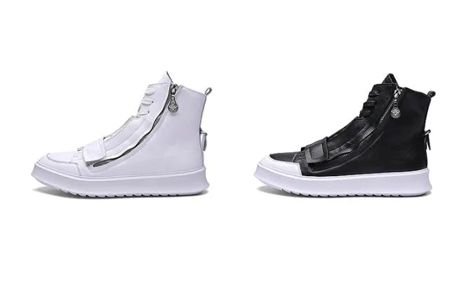PU leather men's ankle boots in black and white, high-top sneaker style with microfiber upper, sizes 38-43