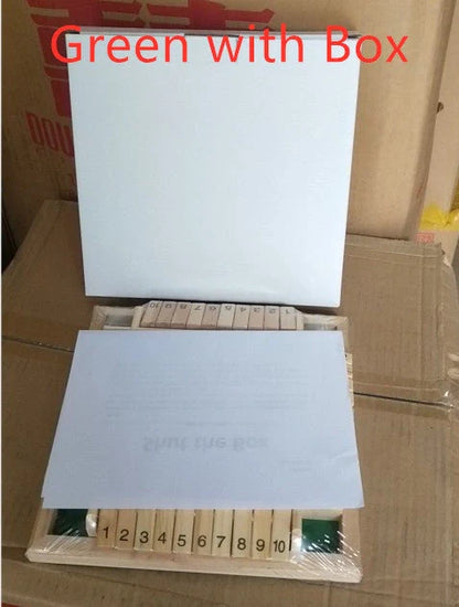 Deluxe four-sided Shut The Box wooden dice game with green flaps for group play