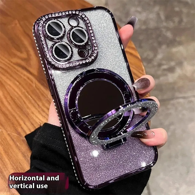 Makeup mirror bracket phone case with glitter protective cover, electroplated TPU gradient phone case for iPhone 11, 12, 13, 14, and 15 models including Pro, Pro Max, and Plus variants in gradient black, pink, blue, purple, silver, and gold.