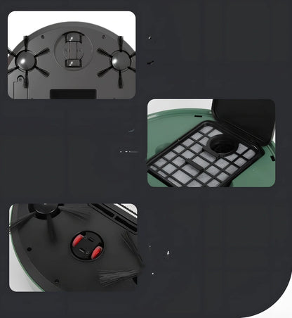 White automatic robot vacuum cleaner measuring 25x25x6.5cm with USB charging port