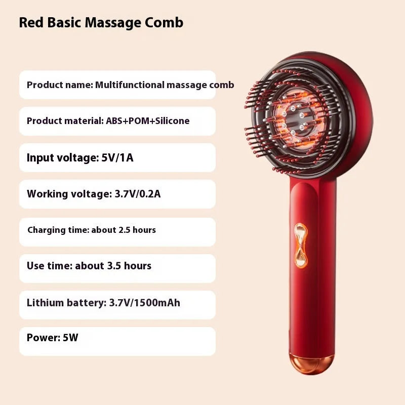 Black handheld red and blue light therapy massage hair comb on a white background.