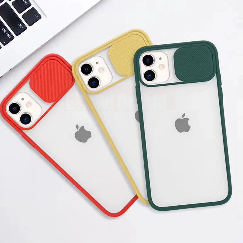 Slim silicone iPhone case with a frosted frame around the camera lens, shown in a choice of solid colours.