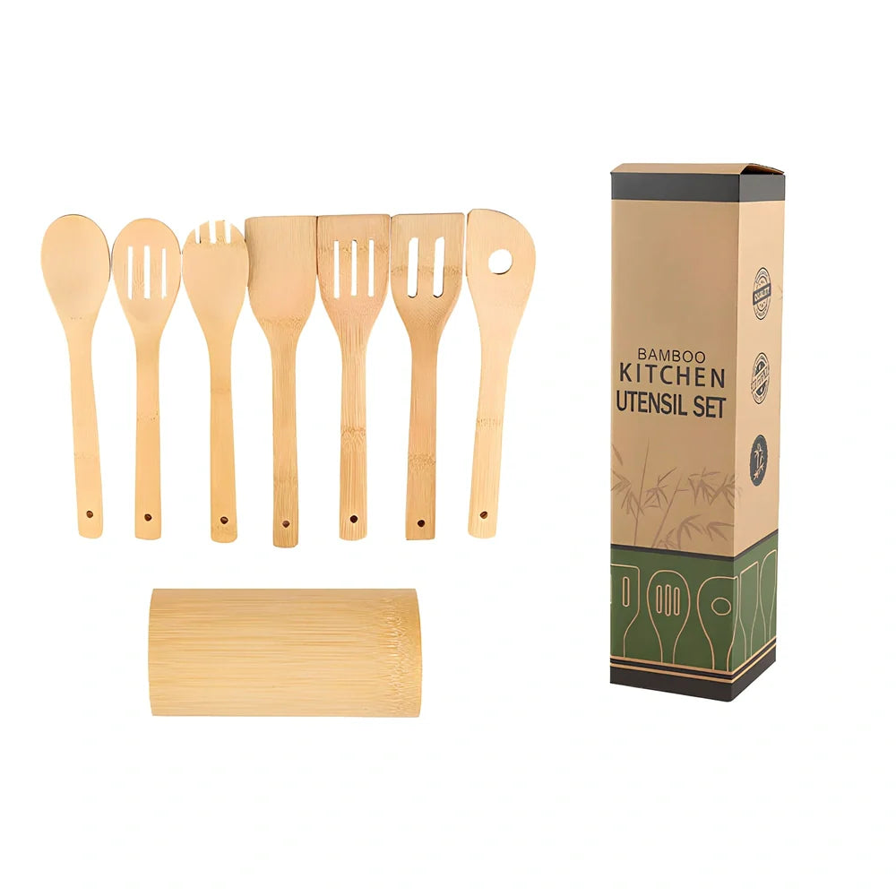 Bamboo spatula set with square bamboo holder containing various cooking utensils with ergonomic handles