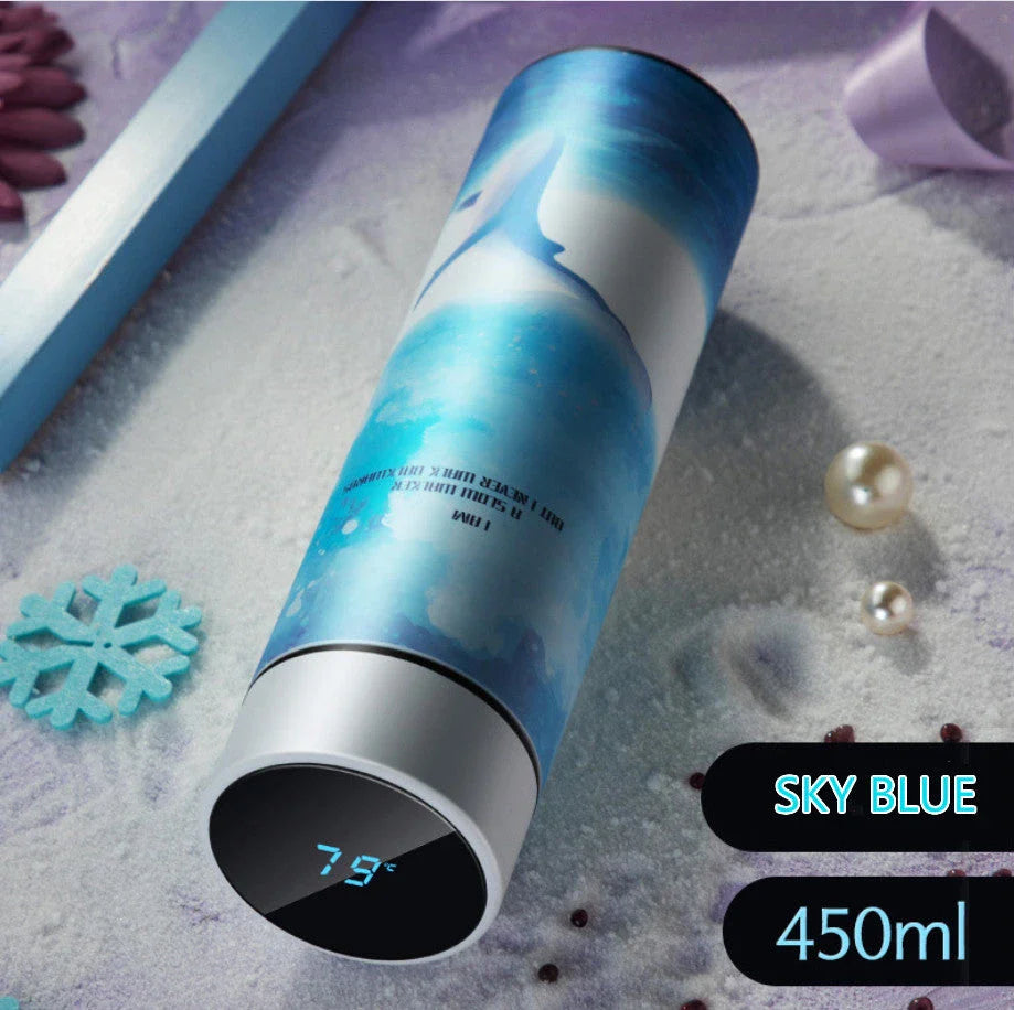 Sleek stainless steel vacuum flask with LED temperature display, available in various stylish colors and capacities to suit active lifestyles.