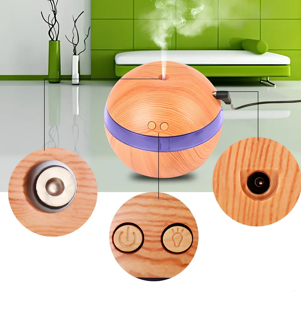 White ABS essential oil diffuser measuring 110x110x90mm with 300ml water capacity and USB power connection