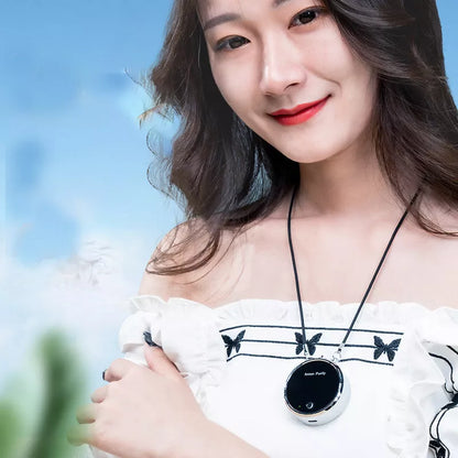 Portable hanging neck air purifier in black for smoke and dust removal