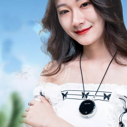 Portable hanging neck air purifier in black for smoke and dust removal