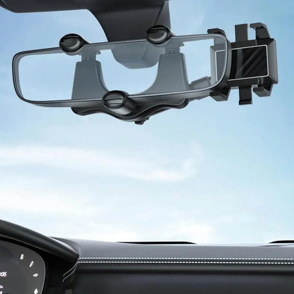 Black rearview mirror phone holder with 360-degree rotation and telescopic arm extended