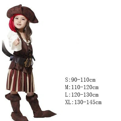 Halloween children's pirate costume with multiple character options and sizing guidance