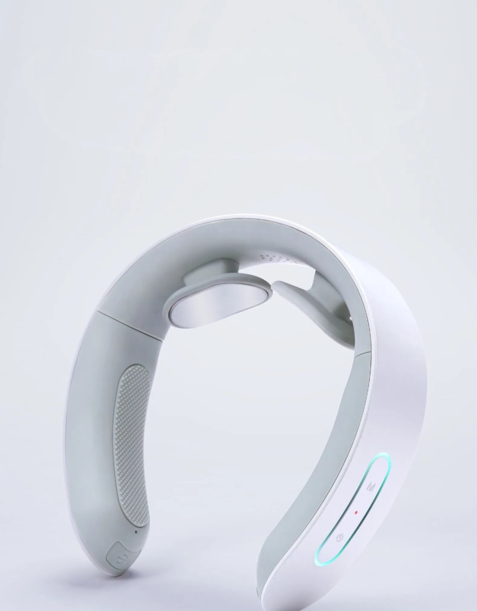 White electric acupressure massager with 142mm width showing control buttons for 3 massage modes and 15 intensity levels