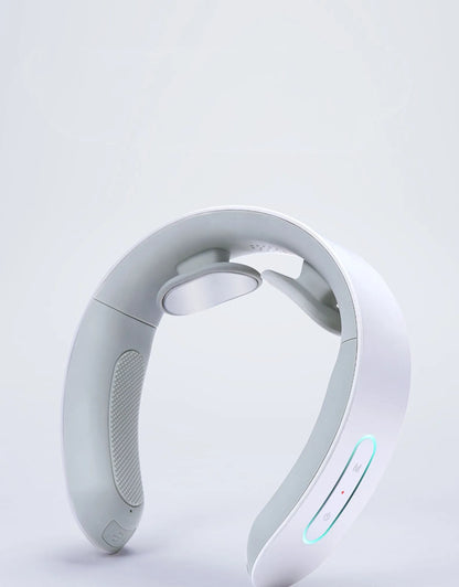 White electric acupressure massager with 142mm width showing control buttons for 3 massage modes and 15 intensity levels