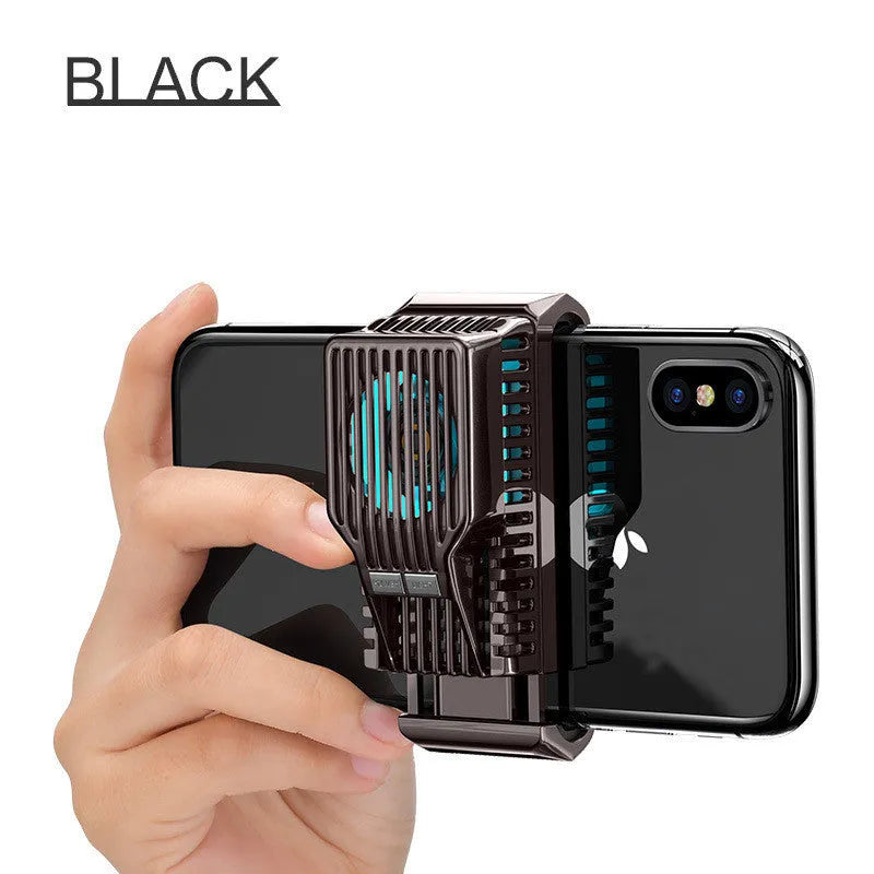 Black mobile phone radiator clip attached to a smartphone, showing aluminium and ceramic cooling surfaces.