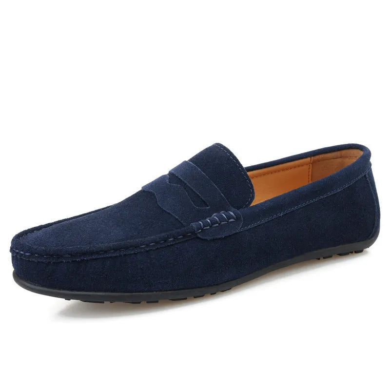Men's suede loafers in black, blue, dark blue, wine red, and yellow colours with round toe and slip-on design.
