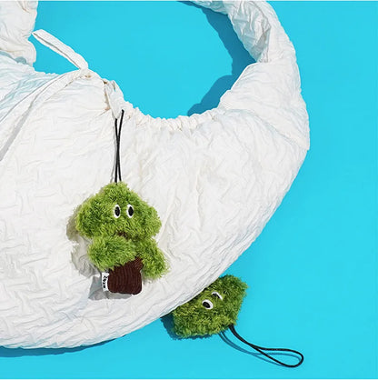 Pine tree-shaped fabric cat toy bag pendant with a hanging loop.