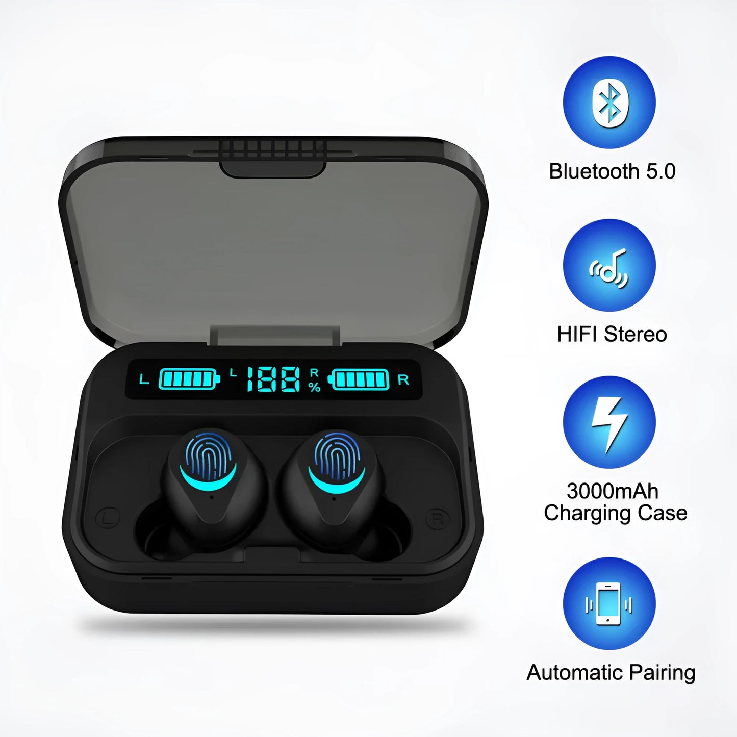 Black TWS Bluetooth wireless stereo earphones with earplug design