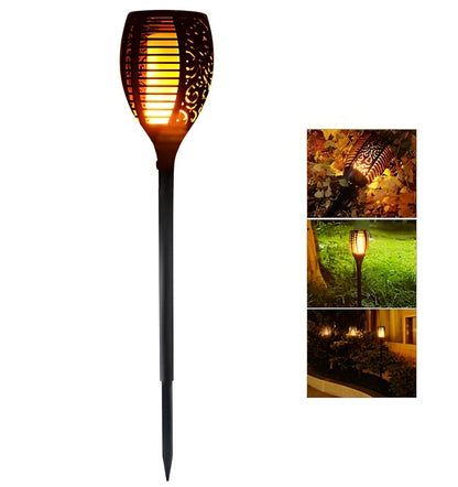 Solar garden LED light with flame flickering effect on stainless steel stake in outdoor setting