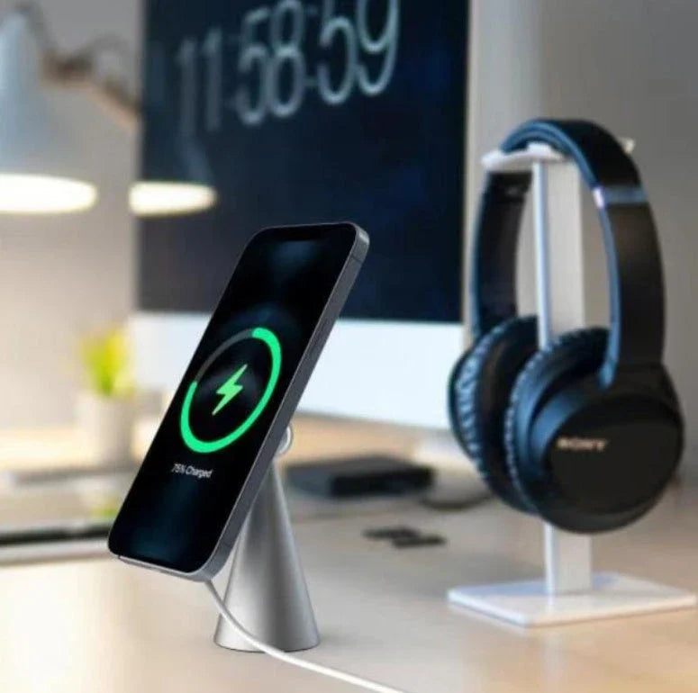 Magnetic phone stand for iPhone 12 and up, made of sleek aluminum alloy with 360-degree rotation for hands-free charging and viewing