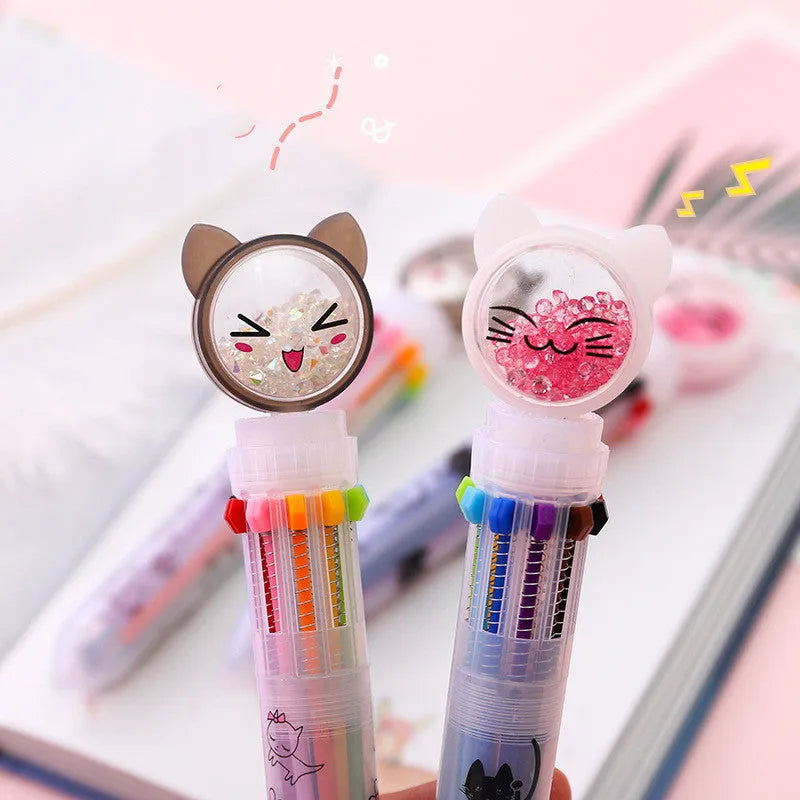 0.5mm ten-colour push pen with cute cat design showing 15cm length