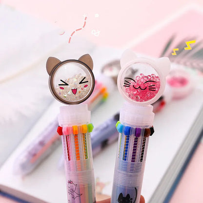 0.5mm ten-colour push pen with cute cat design showing 15cm length
