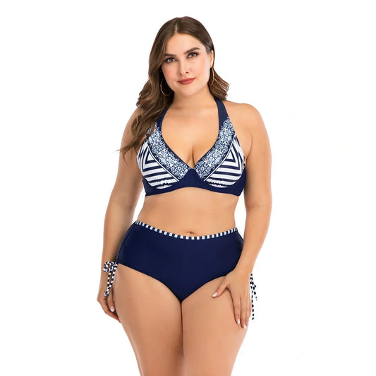 Dark blue plus size bikini with backless design for swimming activities
