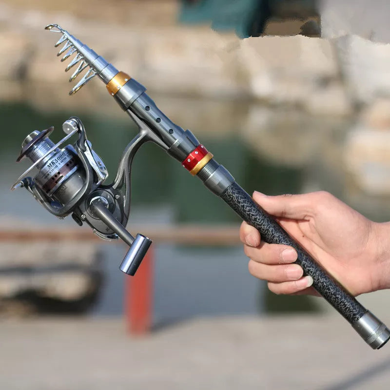 Telescopic carbon-fiber fishing rod set with spinning reel combo, compact and durable
