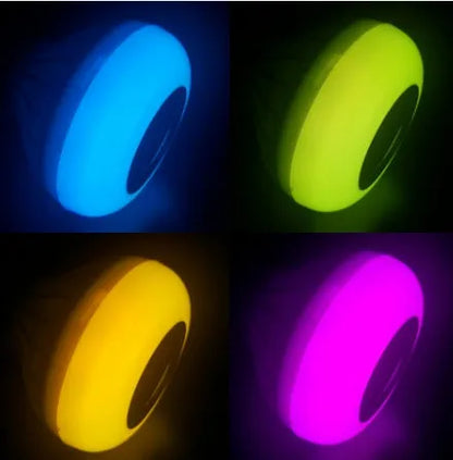 White E27 Bluetooth smart LED bulb with built-in speaker and remote control for colour-changing lighting.