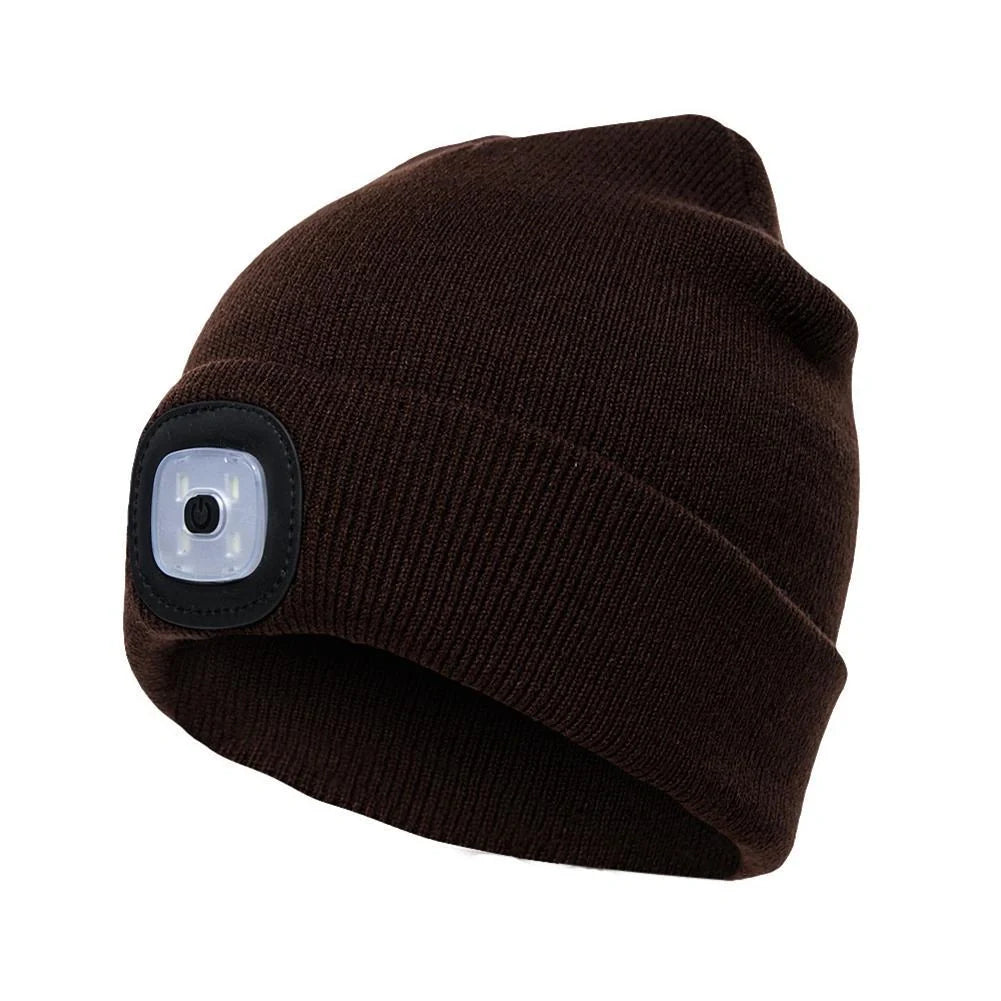 LED knit hat with glowing light for nighttime visibility and warmth