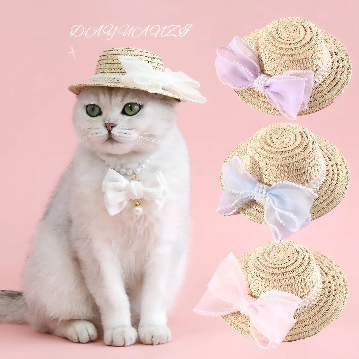 A woven Lafite leaf hat for cats with a pearl butterfly bow, shown in pink, purple, blue, and white colour options.
