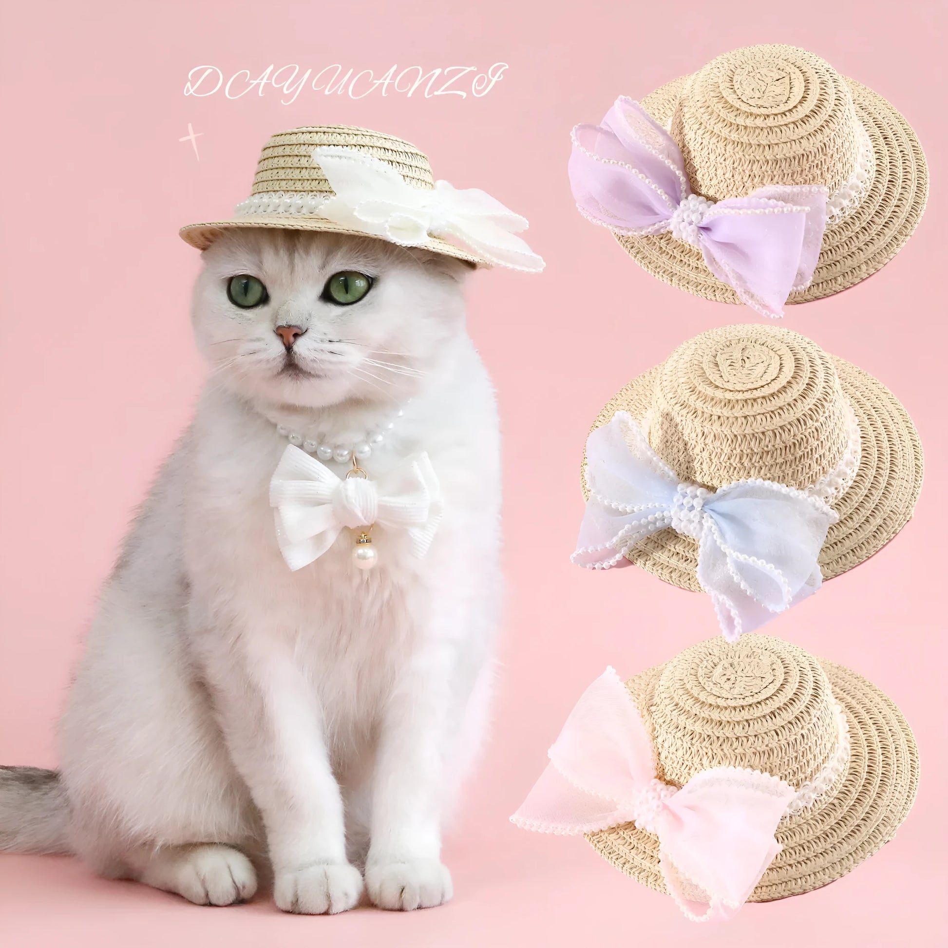 A woven Lafite leaf hat for cats with a pearl butterfly bow, shown in pink, purple, blue, and white colour options.