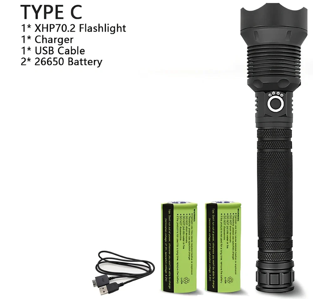 Black aviation aluminium LED torch with telescopic zoom lens showing extended and retracted positions