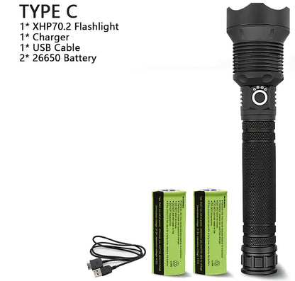 Black aviation aluminium LED torch with telescopic zoom lens showing extended and retracted positions