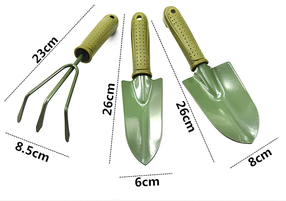 Gardening scarifier kit with green antiskid handle and two planting shovels for outdoor use