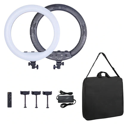 18-inch ring light with adjustable gimbal showing 45.5cm diameter illumination for photography