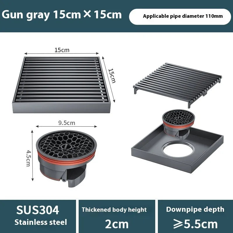 304 stainless steel courtyard deodorant floor drain with 15x15cm gun grey ABS plastic core